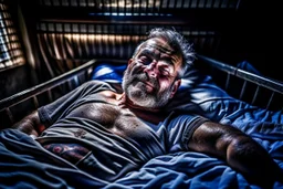 full body shot close photography of a sweat dirty marocan prisoner in cell sleeping lying down on a bed , manly chest, muscular hairy shirtless, muscular strong chubby 56 years old, low lights, ajar mouth, short beard, misery and poverty, dim light enters from a skylight above, lights from above, photorealistic, ambient occlusion, aerial view