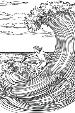 Outline art for coloring page OF A SURFER RIDING A WAVE IN HAWAI, coloring page, white background, Sketch style, only use outline, clean line art, white background, no shadows, no shading, no color, clear