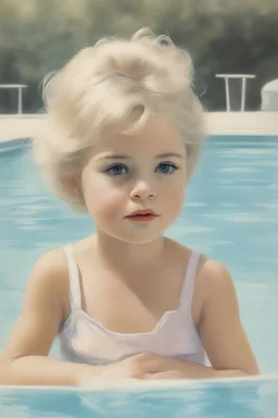 illustration of brigitte bardot as a toddler, at the swimming pool, style of Marcel Marlier, pastel colors