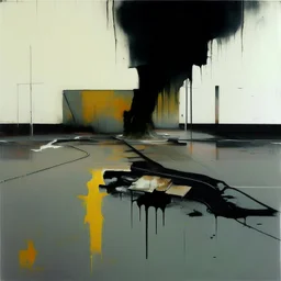 Minimal abstract oil paintings desolate 1960s carpark concrete fragments and road markings. Broken pipes on fire. Blurry outlines. In the style of Justin Mortimer and Francis Bacon.