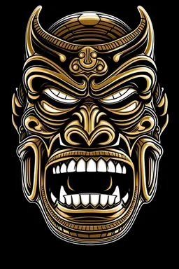 samourai warior head pattern, mouth open, angry face, warrior in black and gold