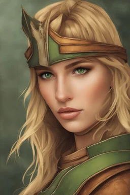 A beautiful woman with blond hair and green eyes. Brown leather armor.