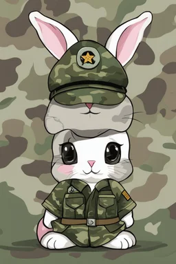 A pfp of a cute army bunny with army hat, camo shirt