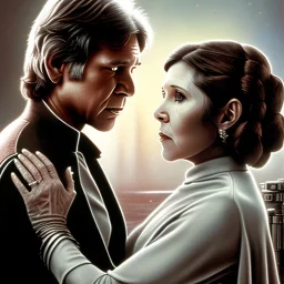 carrie fisher embracing harrison ford, waist up portrait, photorealistic faces, intricate, oil on canvas, masterpiece, expert, insanely detailed, 4k resolution, cinematic smooth, intricate detail , soft smooth lighting, soft pastel colors,