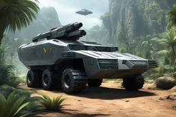 Star Trek style exploration truck in the jungle [3D detailed view] command officier for the heavily armed car with six wheels, in the vein of a patrol vehicle for a Andorran exploration [Star Trek]