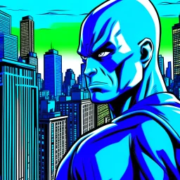 comic book character closeup city background