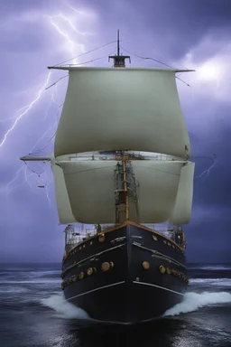 Ship front view with a Spider figurehead at night in a storm with giant waves