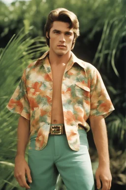 full color Portrait of 18-year-old prude Elvis Presley with medium length bob-styled blonde hair, wearing a Hawaiian shirt and bermuda shorts- well-lit, UHD, 1080p, professional quality, 35mm photograph by Scott Kendall