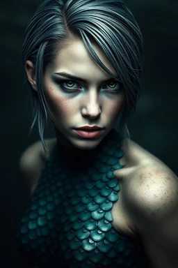 an intense alluring mermaid with wet short grey hair tucked behind ears, she has green eyes and light freckles. her entire body is covered in gradiated dark to light green mottled hexagon scales that transistion into skin at neck, ,