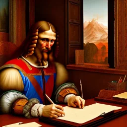 leonardo da vinci works in his study on a laptop at his desk. painting in photoshop. hyperdetailed, warm colors, movie poster, photoillustration, oil on canvas, lens flare