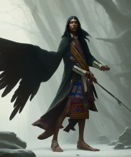 native american warrior, wizard doctor, long black hair, black hooded coat like wings, 8k resolution concept art portrait by Greg Rutkowski