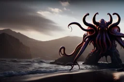 Cthulhu rising, dark, ocean, mist, mountains in background, massive