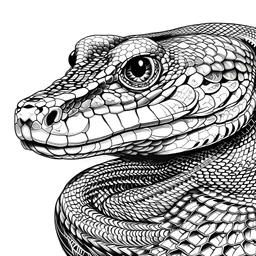 Drawin snake head, black and white color. white background, only white background, clean background, low detailed