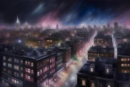 A pastel painting that is called; Nighttime City Lights: Dreamy pastel paintings depicting the twinkling lights of the cityscape at night, with the hotel illuminated against the dark sky, evoking a sense of warmth and comfort.