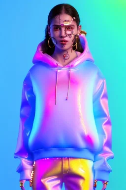 Ultra Realistic image, Rosalía artist, portrait, waist up portrait, long black eye line, sweet face, inflatable hoodie, gold pink and blue style, spray glow make up, led rings piercing nose, led ornament, fog, hot, inflatable style bubble latex coat, vibrant color, highly detailed, art stations, concept art, smooth, unreal engine 5, god rays, ray tracing, RTX, lumen lighting, ultra detail, volumetric lighting, 3d, finely drawn, high definition, high resolution.