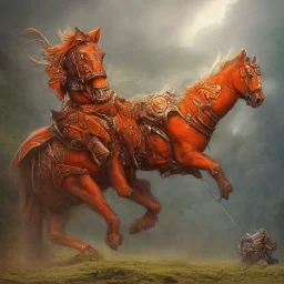 angry horse in orange and blue battle armor, bucking, a highly detailed illustration, background of Inka jungle, realistic render, 8 k, micro detail, intricate, elegant, centered, digital painting, Artstation, smooth, sharp focus, illustration, artgerm, tomasz alen kopera, peter mohrbacher, donato giancola, joseph christian leyendecker, wlop, boris vallejo