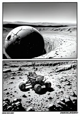 High-altitude lunar reconnaissance satellite image of a young impact crater with larger regolith along right ride. A massive damaged metallic alien sphere with fracture lines like an egg. organic growth across regolith and up crater walls. Along the lower frame edge a small modern bare-bones lunar-vehicle sits near the rim with visible wheel tracks. comic page pencils