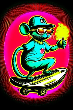 A rat on a skateboard, with glasses and a helmet; the rat laughs; fire coming from behind; cartoon style complementary colors, with the text "FISCALIA COLOMBIA"