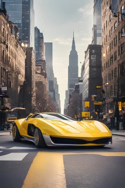 creates a concept supercar in '70s style with a retro-futuristic bodywork in yellow and silver on a street of New York, with a bright sky