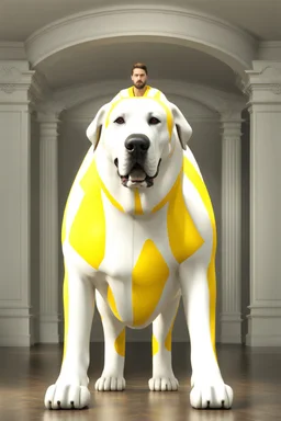 humans obey front of the huge yellow-white big dog, myistic atmhosphare. Realistic, render, 4k