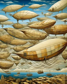 A flesh colored fleet of airships in the sky designed in ancient Greek mosaics painted by Salvador Dali