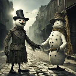 sinister weirdcore, anthropomorphic Snowman shaking hands with a scarecrow in middle of city street in the summer, by Leszek Bujnowski and Peter-Joel Witkin, mind-bending hyperrealism, weirdcore, something strange about to happen, sunny day natural lighting, colorful