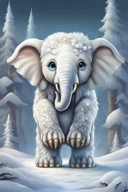 A cute looking, soft fluffy white furred, medium height mutant cat-elephant-bear mammal with a snout-like long snout, big eyes, big tassel ears, a chibi fantasy creature. Tundra forest , snow in the background. sharp focus, intricate details, masterpiece