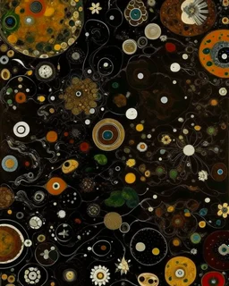 A brown outer space with giant asteroids designed in German folk art painted by Jackson Pollock