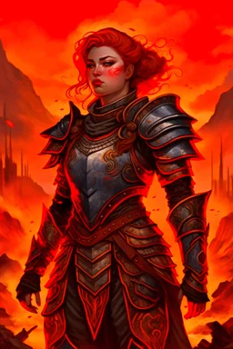 detailed illustration of ginger female divine paladin wearing full plate armor, heavily damaged armor, standing sad on a battlefield, battlefield on fire as background, dirt, misery and decadence, dark ambient, art by Mschiffer, tetradic colors,