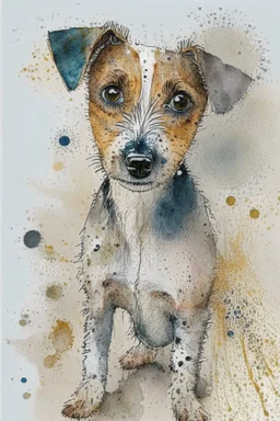 Abstract wet watercolour of a rough coated jack Russell, ink lines, interlinked circles, detailed,focus on eyes, watercolour paper