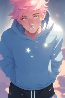 An androgynous young man with tousled pink hair and golden eyes floating among the stars wearing a light blue hoodie and black board shorts. He is smiling softly and holding a star in one hand.
