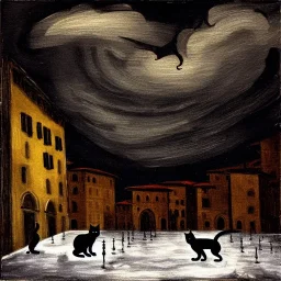 Painting of a very dark square in Florence in a stormy night. Tintoretto style. A cathedral in the background. A black cat is sitting in the snow.