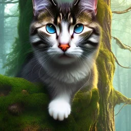 close up on almost invisible cat in a tree in magical forest, fantasy book cover art