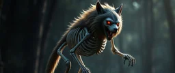 radiant werewolf merecat thick Skeleton with lotsa fluffy fur, motion blur background dark forest