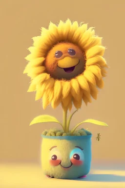 Cheery and cute sunflower in a pot avatar full body in fluffy material