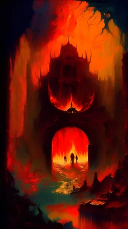 impressionism-style painting of a place like hell with the devil