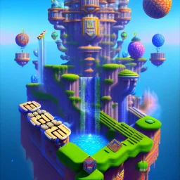 New map by super mario 3d land with waterfalls, 3d, high detail, symbols, 4k, ray traing, render, future punk, steam punk, magic in blue colors, no other place