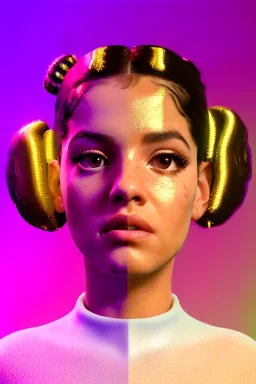 Rosalía artist, Realistic image, natural waist up portrait, perfect eyes, glow, circle iris, eye liner. pigtails hair, face, spray line make up, glow. lips, gold. big rings piercing, led ornament, pearls. coat, latex, inflatable, hot, led lights, minimal, neon, pink, blue, gold, vibrant color, highly detailed, art stations, concept art, smooth, unreal engine 5, god lights, ray tracing, RTX, lumen lighting, ultra detail, volumetric lighting, 3d, finely drawn, high definition, 4k.