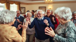 Elderly pensioners dancing the conga. Everyone is happy. Photographic quality and detail, award-winning image, beautiful composition.