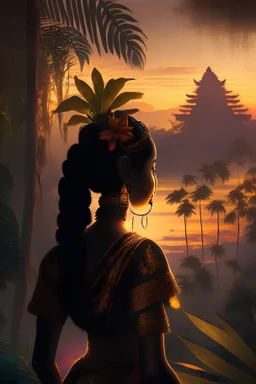 Javanese princess from a distance looking at us with jungle in background and backlit near sunset