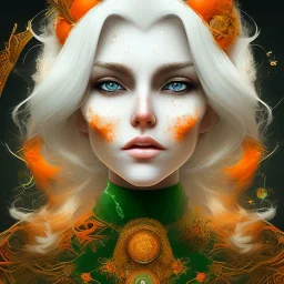 fantasy setting, woman, orange and white hair, wavy hair, freckles, ranger, more orange hair, more white hair, green eyes, more white hair, more white hair