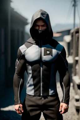 muscular ninja assassin, athletic build, wearing black and gray baggy pants with pockets, dark hood and balaclava mask, buckles, straps, pockets, daggers, tan skin, big boots, dark hazel eyes, eyes are both in proportion, 3/4 look, short brown hair, standing, dark cobblestone alley, one halo white light behind head, non photorealistic rendering in the art style of j.scott campbell