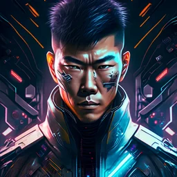 portrait of an asian cyborg man cyberpunk space ship secret agent