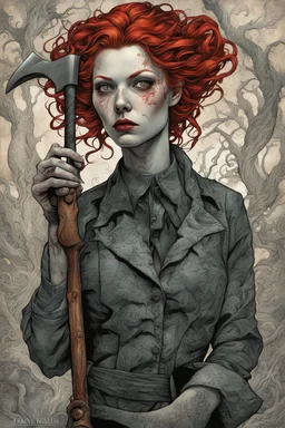 Supernatural ghost of Screaming Lizzie Borden with wild red hair wielding an axe, young woman haunting beauty portrait, by Dave McKean, by Frank Miller, by Carri Ann Baade, diffusion splash art. mysterious hyperrealism, dramatic Photoshop double exposure by Dan Mountford, spectral ethereal gothic filagree, color ink illustration fountain pen, ink smudges.