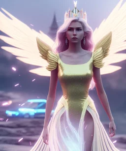 A crystalised queen, atmospheric, realistic, unreal engine, cinematic lighting, octane render, transparent long dress, blonde, full body, bright wings, smile, long hair