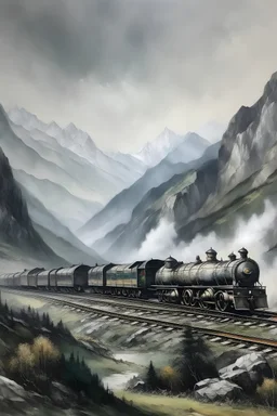 A train near mountains painted by Zhang Lu