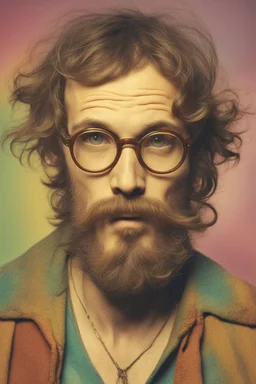 Hippie bohemian young ugly man with Parisian bohemian look and glasses of colours and poor and short short short and poor hair on the head with receding hairline. Farsightedness glasses with big eyes. Long beard. Vintage look and feel like photo styleof the 70s