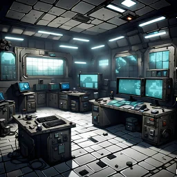 post-apocalyptic control and command center room, simple design, clean layout, clear empty tiled floor