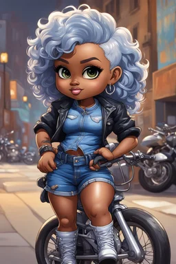 create an expressive oil painting illustration of a chibi cartoon voluptuous black female wearing a blue jean outfit with biker boots. Prominent make up with hazel eyes. Extremely highly detail of a very low platinum blonde pixie haircut. Background of a bike show.