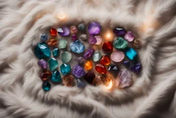 top view of lot of coloured gemstones on fluffy blanket in candlelight